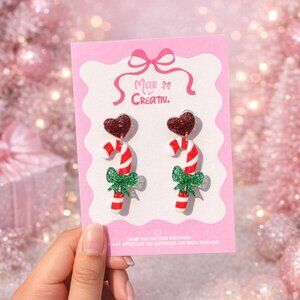 Candy Cane Dangle Earrings Acrylic Heart Christmas Holiday Jewelry